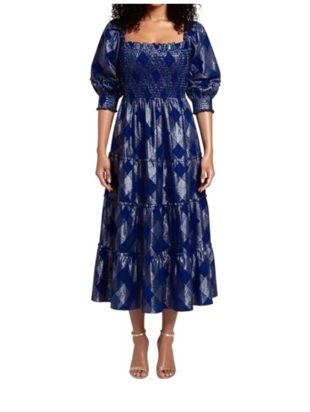 Hill House Home Ellie Nap Dress Navy Blue Ruffle Glitter Silver Check Size Large - Picture 2 of 16
